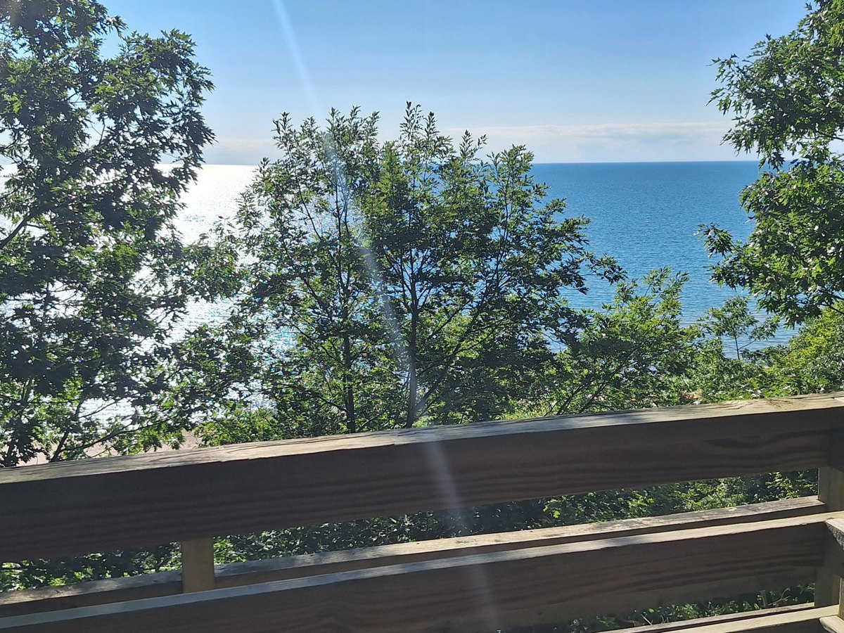 Lake Michigan seen through hardwood trees from a dune boardwalk near Montague