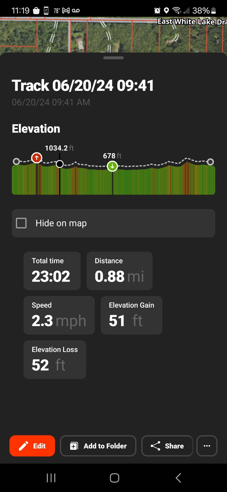 onX track log from a walked parcel access route in Twin Lake, Michigan, showing 23 minutes and 0.88 miles